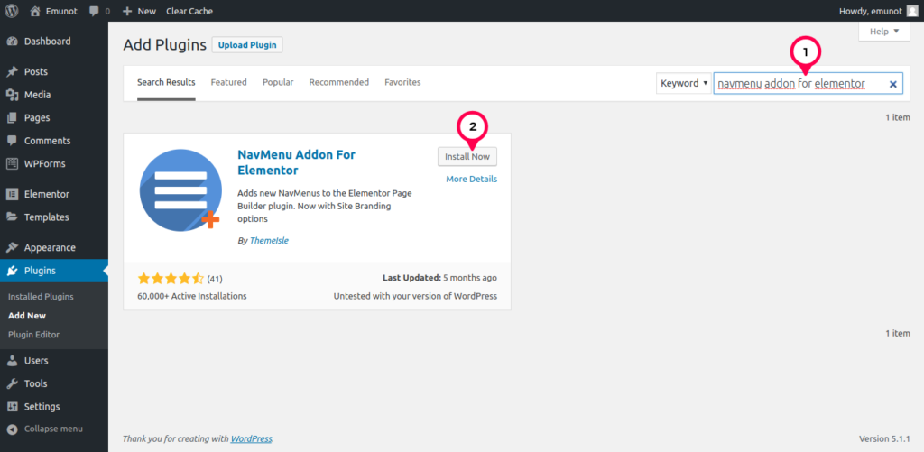 search and install navmenu addon for elementor plugin